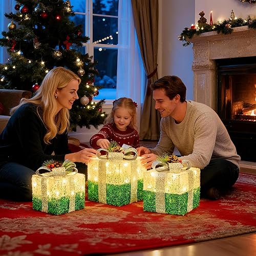 Miniatura 3 de Juego de 3 cajas de regalo iluminadas de Navidad, decoraciones navideñas para interiores y exteriores, 65 cajas de regalo con luz LED enchufables