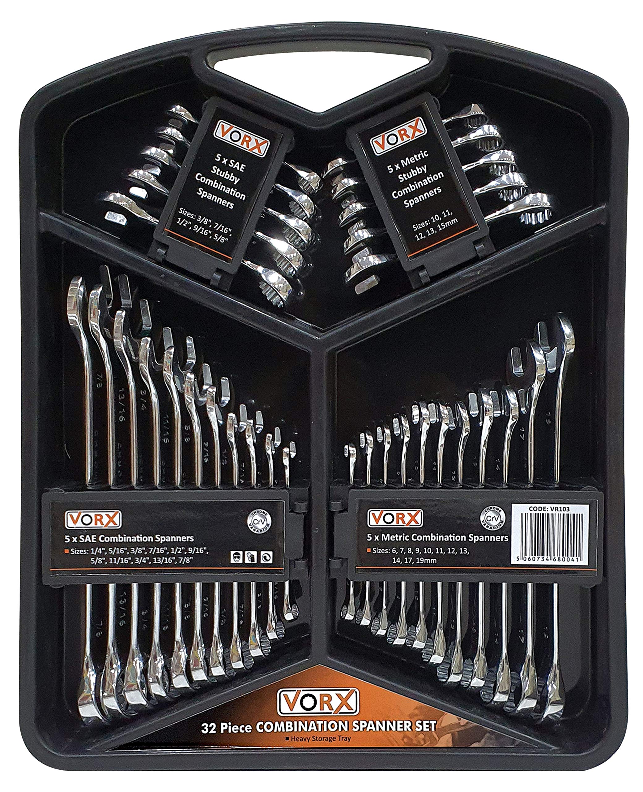 VORXPRO Spanner Set 32 Piece Drop Forged Metric & Imperial CRV Combination Open & Stubby Bi-Hexagonal Spanner Set
