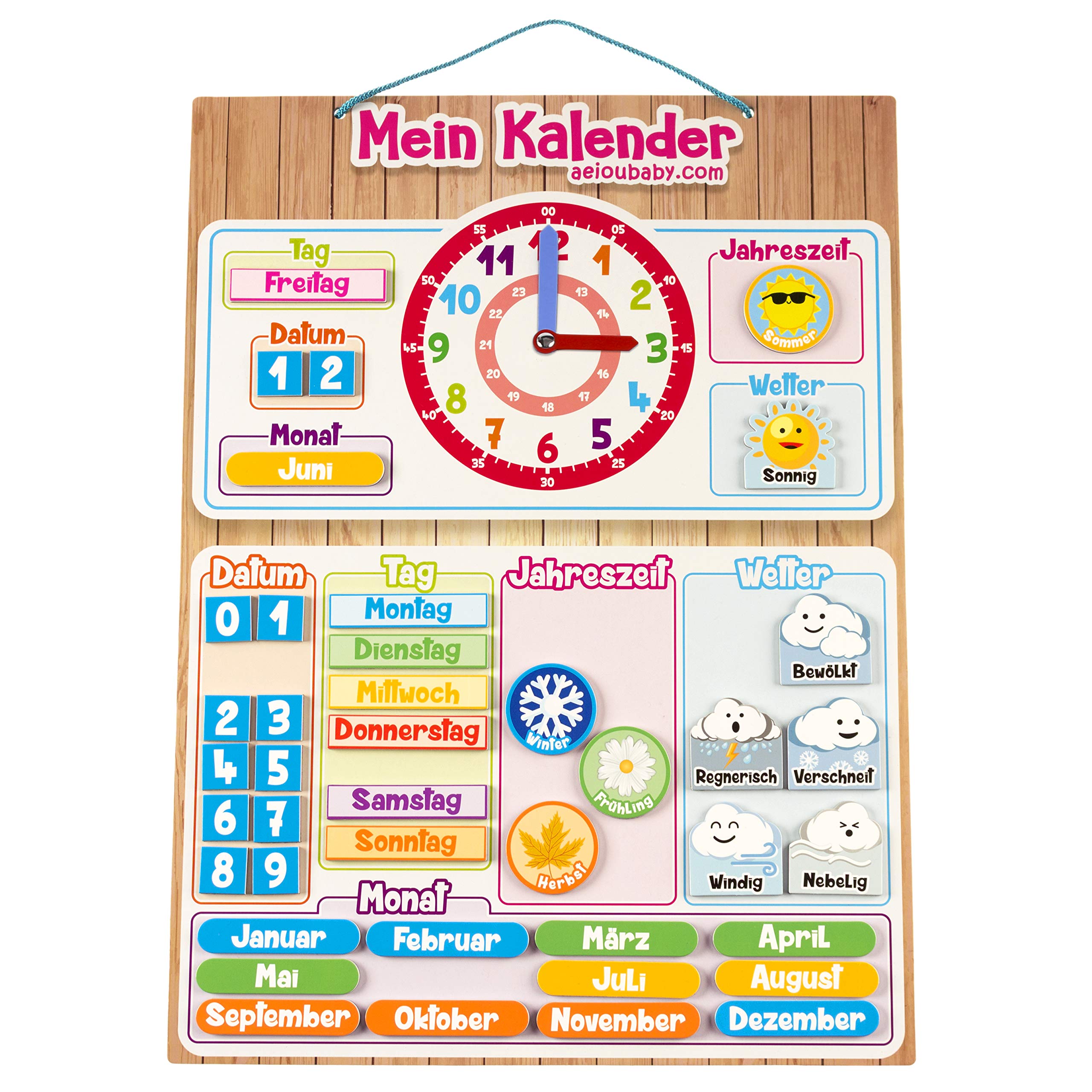 MAGNETISCHE KINDER-KALENDERUHR, Lernspiel Datum Wetter und Zeit für Wand oder Kühlschrank, 43x32cm. Ideale Box als Geschenk zum Kindergeburtstag in der Schule oder im Kindergarten (Deutsch)
