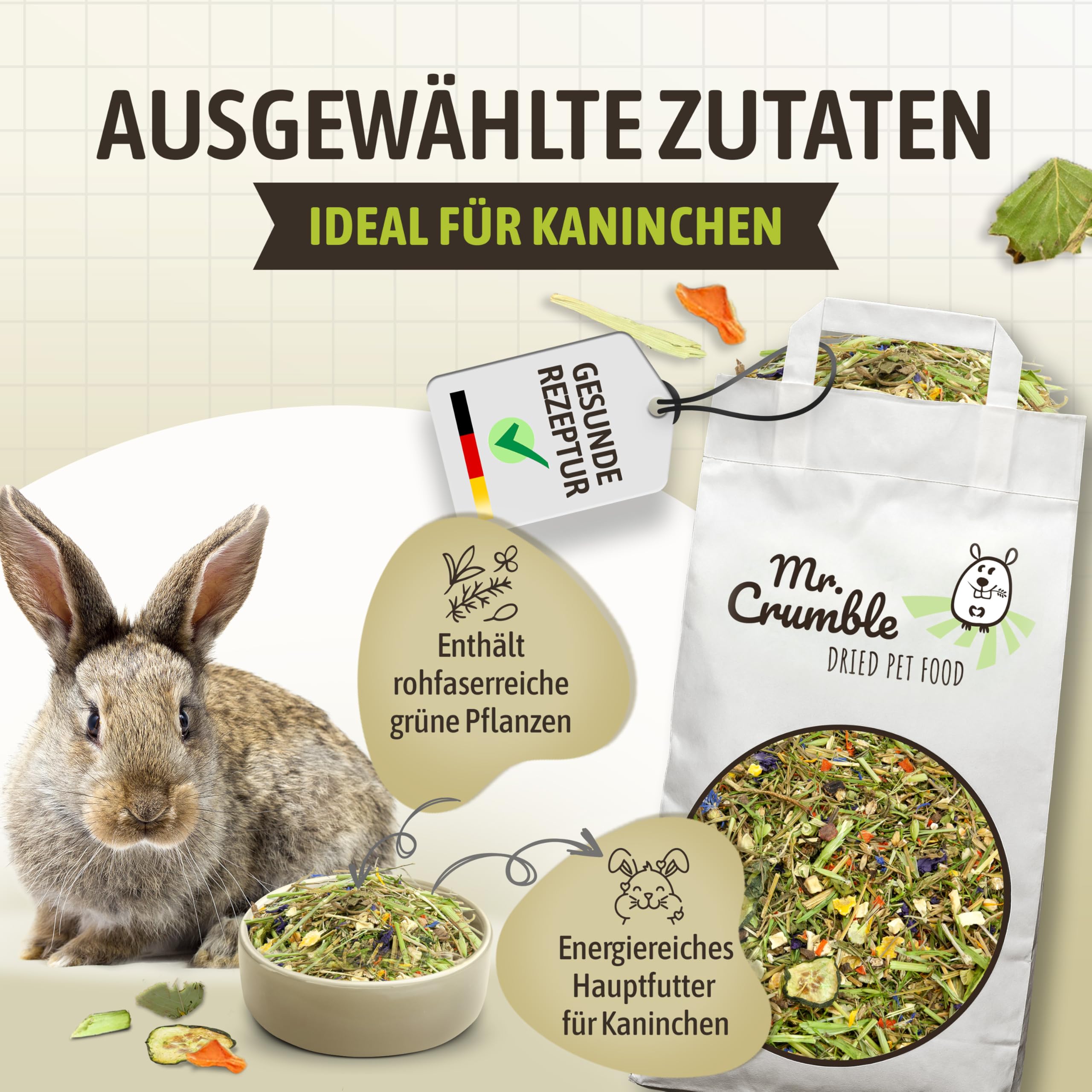 Mr. Crumble Knuspersalat – 100 % natürliches Strukturfutter für Kaninchen – weizenfrei, pelletfrei, ohne Zusätze – unterstützt Verdauung & Zahnabrieb – 10kg