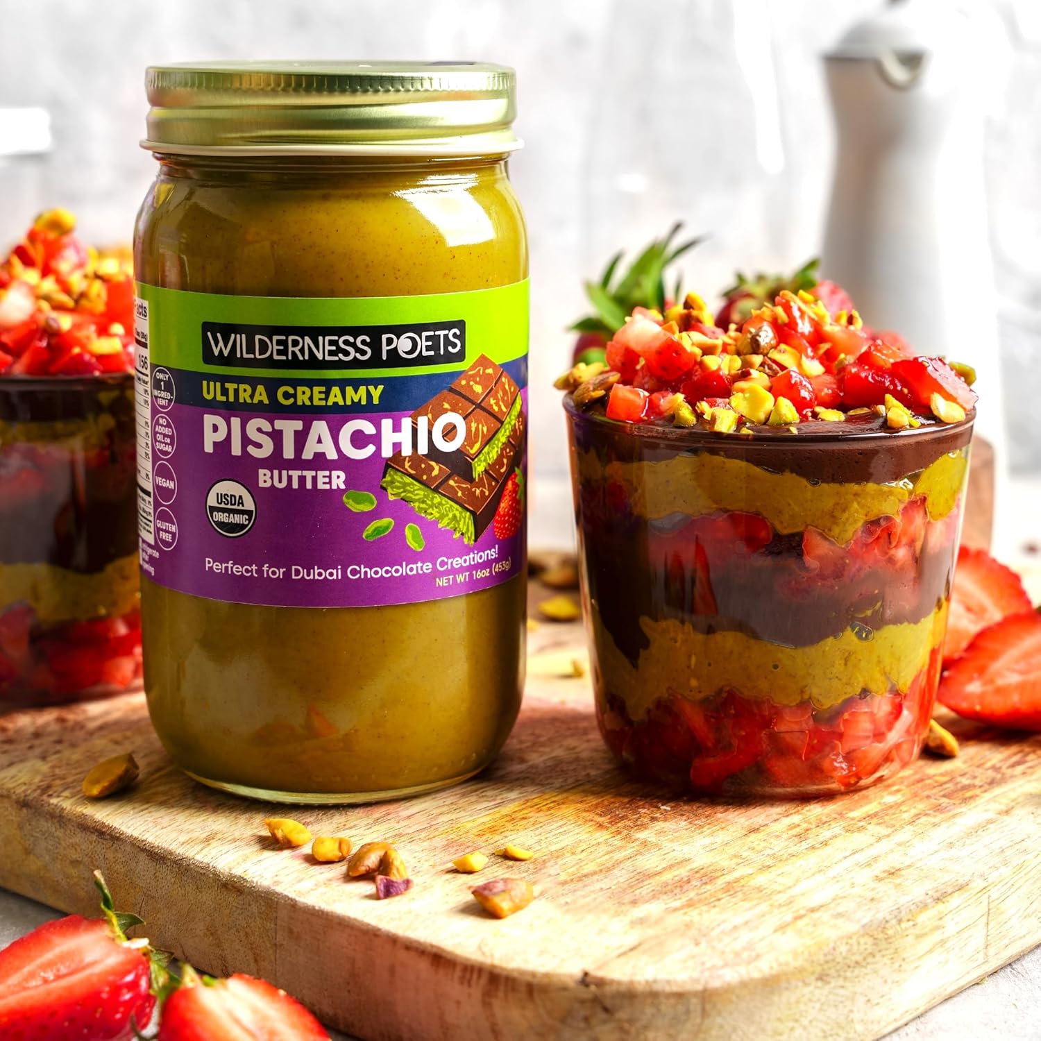Wilderness Poets, Organic Ultra Creamy Pistachio Nut Butter - 1 Pound (16 oz), Silky Smooth, Perfect for Dubai Chocolate-Inspired Creations. One ingredient: 100% Organic, California-Grown Pistachios