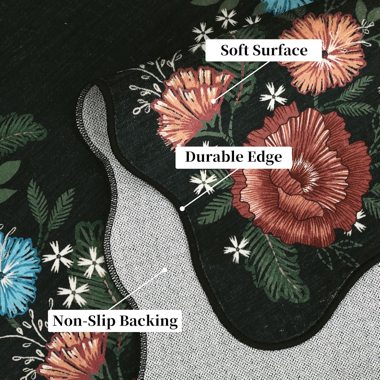 GAOMON Floral Washable Round Rugs 4ft Non-Slip Soft Circle Rug Ultra-Thin Small Circle Carpet Non-Shedding Modern Circular Rugs for Entryway Kitchen Bedroom Nursery Bathroom, Black