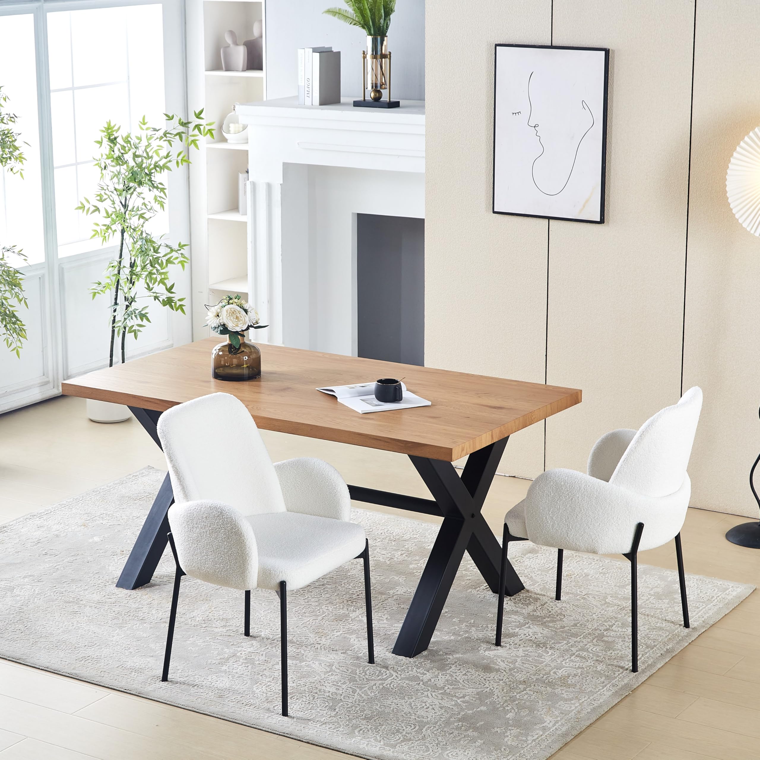 HomeTouch Sherpa Set of 2 Teddy Fabric Kitchen Dining Chairs White Modern Arm Chairs for Dining Room Office Lounge Chair Bedroom Living Room Armchairs (2 Cream Chairs)