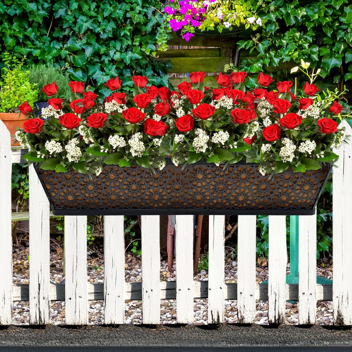 Halatool 2 Pack 30 Inch Window Box with Coco Liner Sturdy Metal Deck Railing Planter with Coconut Coir Basket Liners for Windowsill Fence Porch Balcony and Patio Outdoor Indoor Lawn