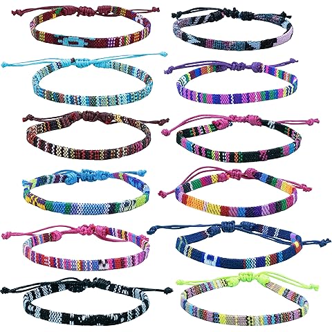 12 Woven Hippie Bracelets for Teen Girls, Adjustable VSCO Girl Braided String Friendship Bracelet for Women, Boho Braid Rope Surfer Jewelry for Men, Aesthetic Bracelets Stocking Stuffers for Teens