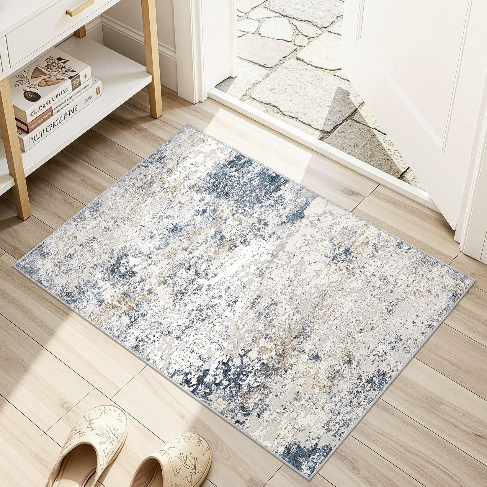 DMOYEST Washable Entryway Door mat 60x90cm - Small Abstract Neutral Modern Indoor Rug Soft Non Slip Low Pile Carpet for Hallway Kitchen Bedroom - Beige Blue-1 โ image 1