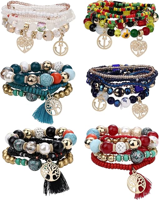 Kakonia 6 Sets Bohemian Beaded Bracelets for Women Teen Girls Stretch Stackable Bracelet Set Multilayer Colorful Charms Boho Jewellery