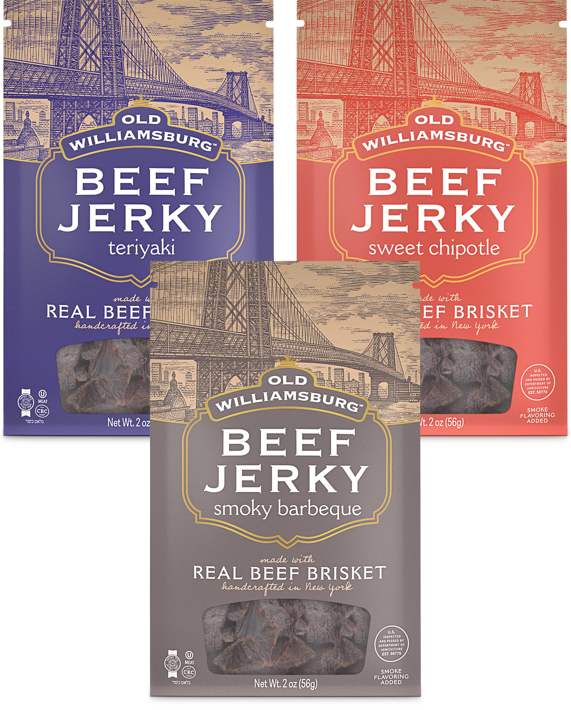 Old Williamsburg Kosher Beef Jerky Variety Pack, 2oz | Teriyaki, Sweet Chipotle, Smoky BBQ | Real Beef Brisket | Hand Crafted Jerky | Gluten Free Meat Snack | Protein Packed | Kosher Beef Jerky