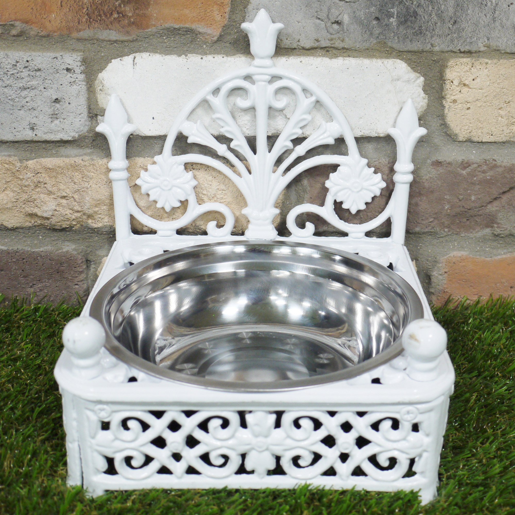 Stainless Steel Bowl & Ornate White Cast Iron Raised Stand Dog Cat Food Water Feeder Feeding Dish 24cm