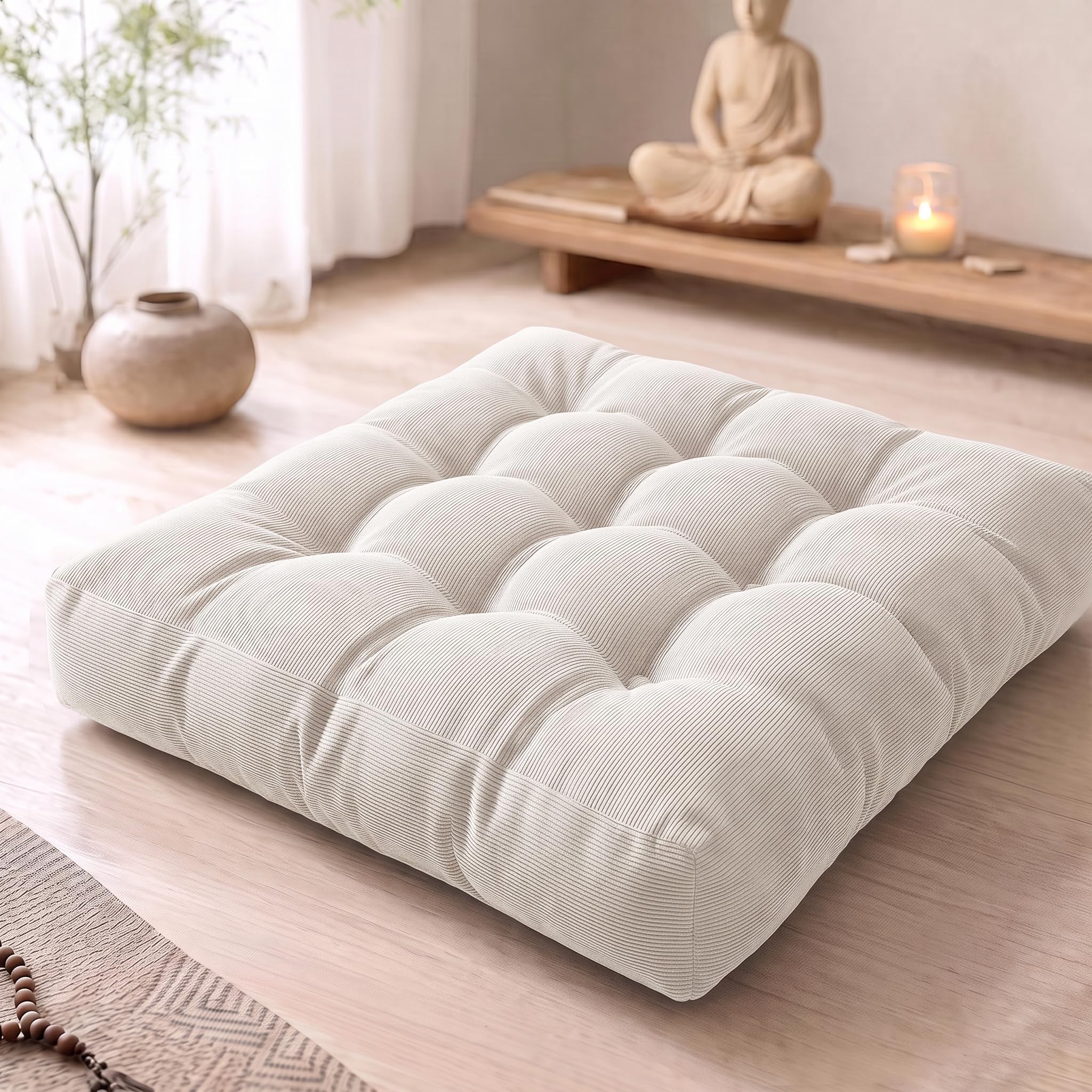 Meditation Floor Pillow, Square Large Pillows Seating for Adults, Tufted Corduroy Floor Cushion for Balcony Bedroom Tatami Living Room, Beige, 22x22 Inch