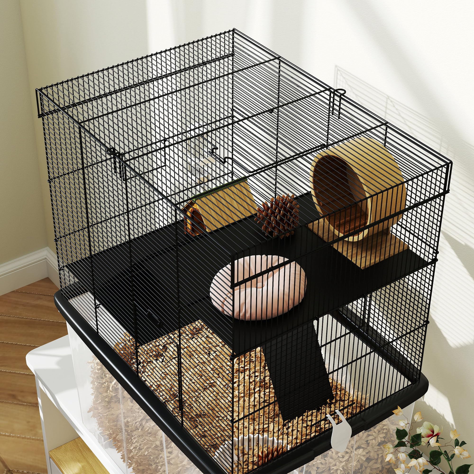 PawHut Gabbia per Criceti a 3 Livelli con Base Profonda 31 cm e Ruote, Casetta per Gerbilli con Rampe, Ciotola, Bottiglia, 58x43x74 cm, Nero