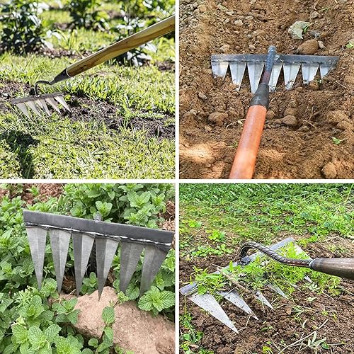 Miniatura 4 de Rastrillo de jardín, herramientas de jardinería rastrillo resistente con 5 púas de metal, herramientas afiladas y duraderas para deshierbar de