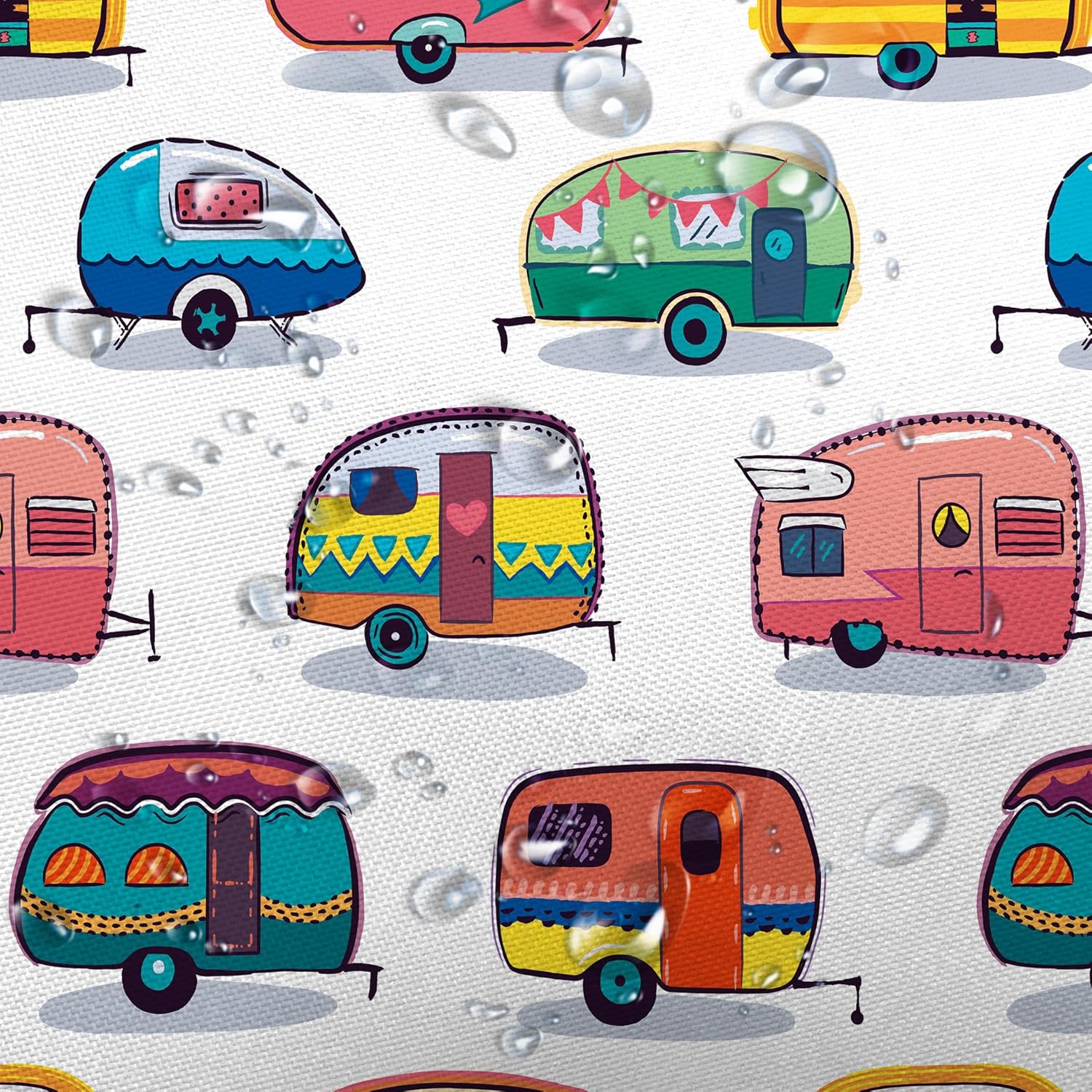 JAWO RV Shower Curtain for Camper Trailer Camping Bathroom, Retro RV Fun Camping, Happy Camper Stall Shower Curtain with Hooks Set, 69x84Inches