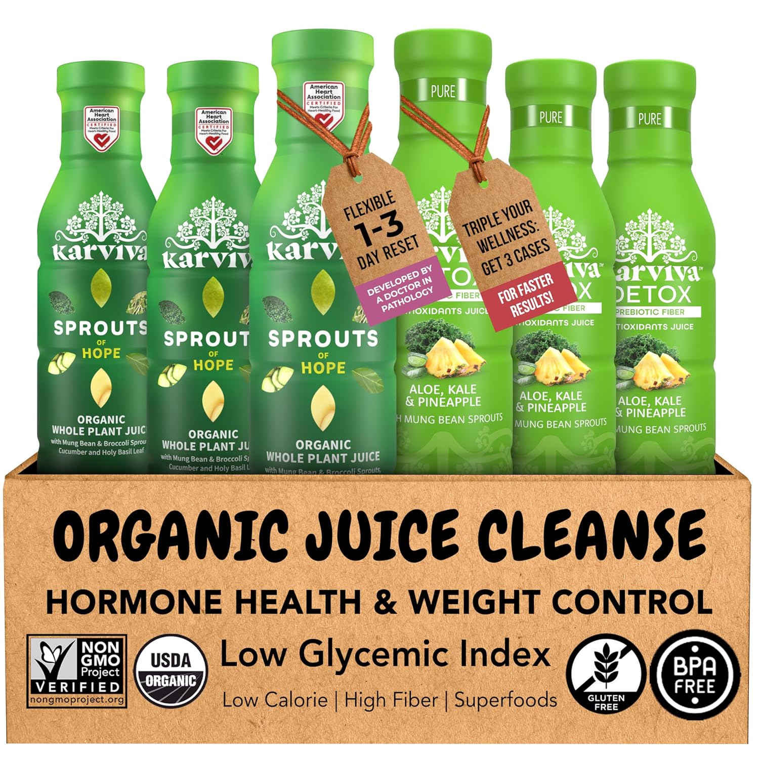 Karviva Organic Juice Cleanse for Liver Detox & Hormone Health - Ancient Remedies with Broccoli Sprouts, Aloe Vera, Kale, Kiwi, Ginger - Low-Sugar, Prebiotic, Fiber, Antioxidants (6 BPA-Free, Toxin-Free Bottles, 12 oz Each)