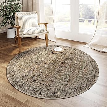 6x6 Washable Round Rug Brown Vintage Distressed Entryway Kitchen Non Slip Area Rug Living Room Bedroom Indoor Doormat Soft Accent Carpet for Entrance Dining Room Bathroom