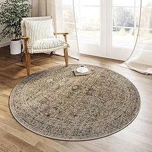 4x4 Washable Round Rug Brown Vintage Distressed Entryway Kitchen Non Slip Area Rug Living Room Bedroom Indoor Doormat Soft Accent Carpet for Entrance Dining Room Bathroom