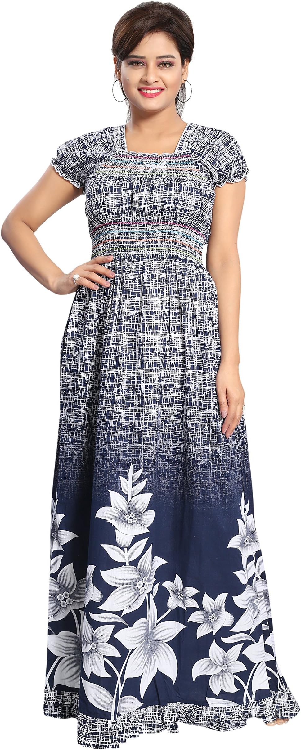 Inner Beats Women's Cotton Floral Maxi Nighty (PSN069, Grey, Free Size)