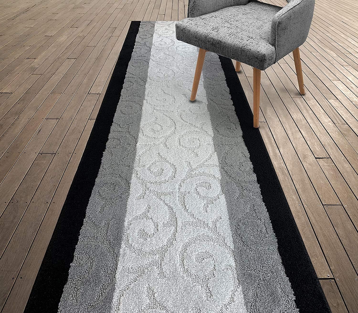 Custom Size Hallway Carpet Runner Rug, Slip Resistant, 31 Inch Wide X Your Choice of Length, Scroll Black, 31 Inch X 6 feet