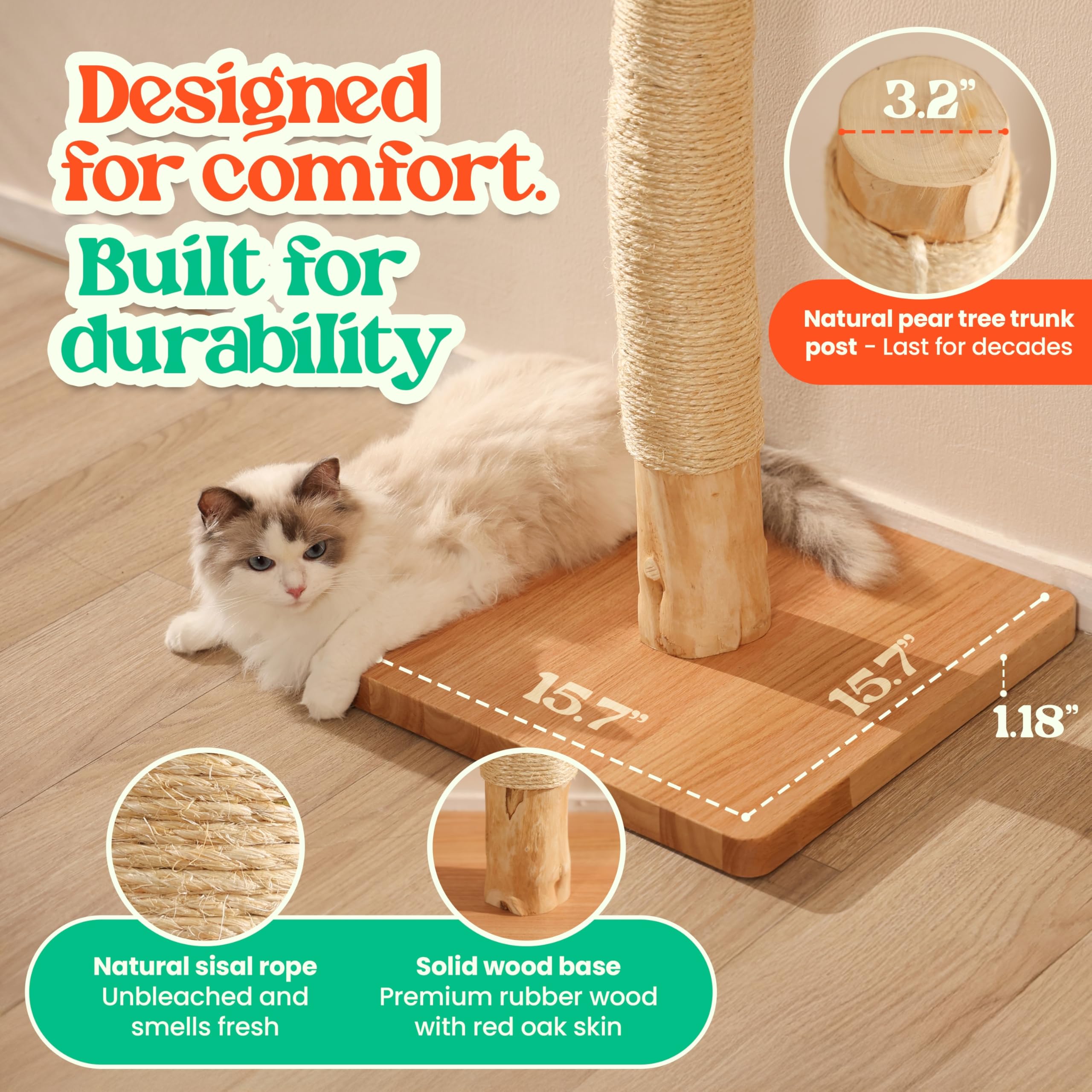 KONELCARE Premium 35" Cat Scratching Post – Natural Pear Wood, Sisal Rope, Rubber Wood Base with Oak Skin, Ideal for Large Cats, Free Rope Replacement - image 4