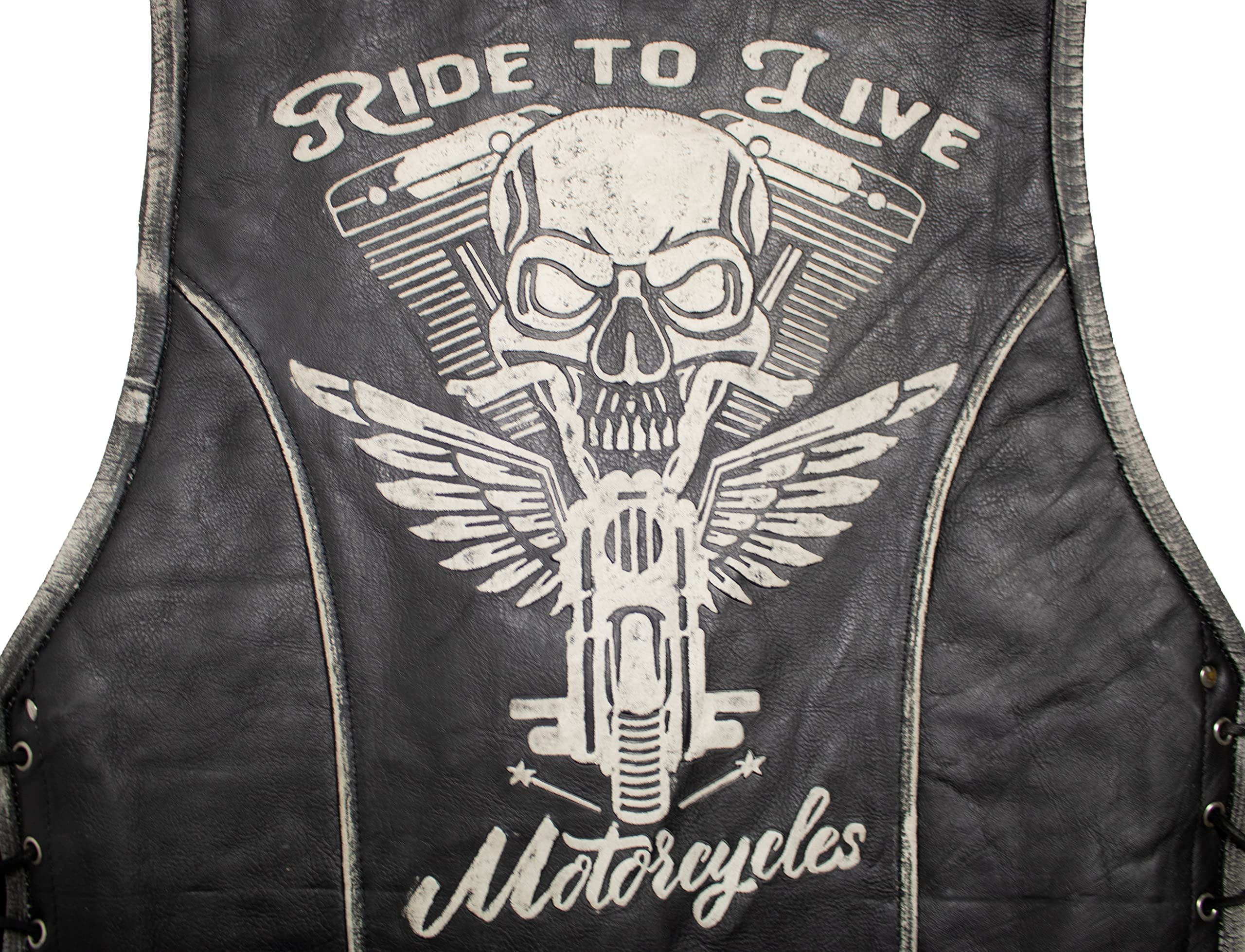 MDM Giacca Moto Uomo In Vera Pelle Nera - Giacca Pelle Uomo Senza Maniche Con Teschio Impresso Sul Retro, Chiusura A 3 Ganci, Lacci Laterali E 4 Tasche