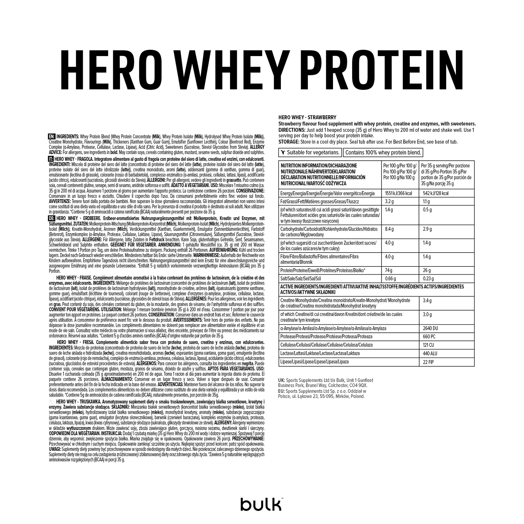 Bulk Hero Whey Protein Powder | Strawberry | 65 Servings | 26g Protein + 3g Creatine | 5g BCAAs | Low Sugar | Fast Absorption | Isolate, Hydrolysed & Concentrate Blend