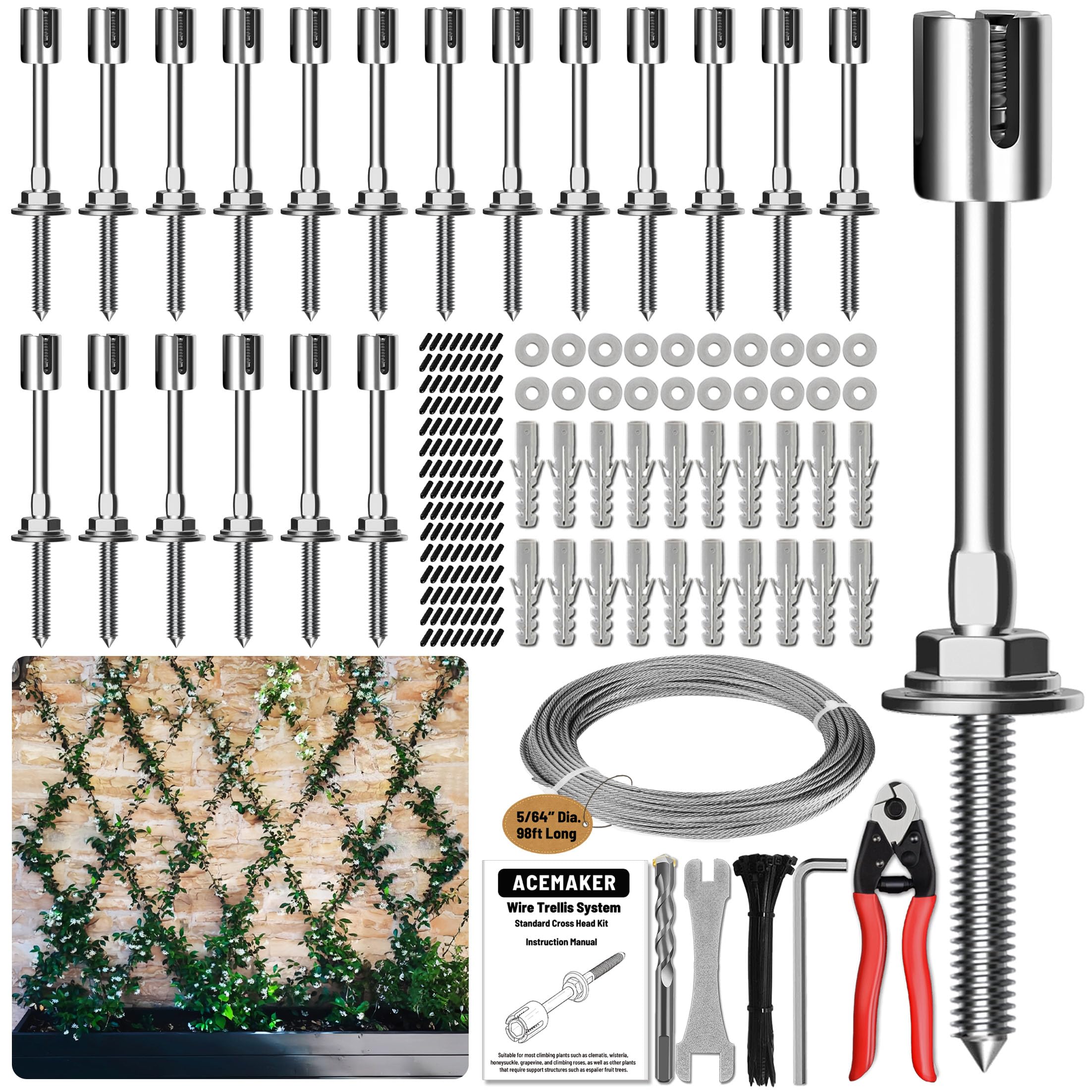 Enrejado de alambre para plantas trepadoras al aire libre, 20 juegos de enrejado de alambre de pared con cuerdas de alambre de 5/64 pulgadas x 98 pies y cortador, kit de enrejado de pared de
