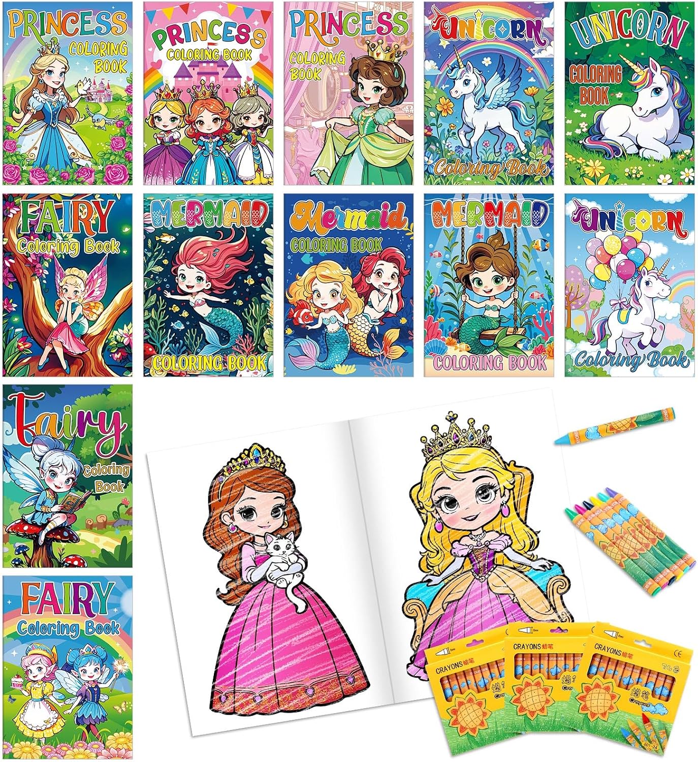 Yexiya 72 Pcs Mini Coloring Books Bulk with 72 Pcs Crayons for Kids Princess Unicorn Fairy Mermaid Coloring Books with Magical Themes for Girls Birthday Goodie Bags Stuffers Return Gifts