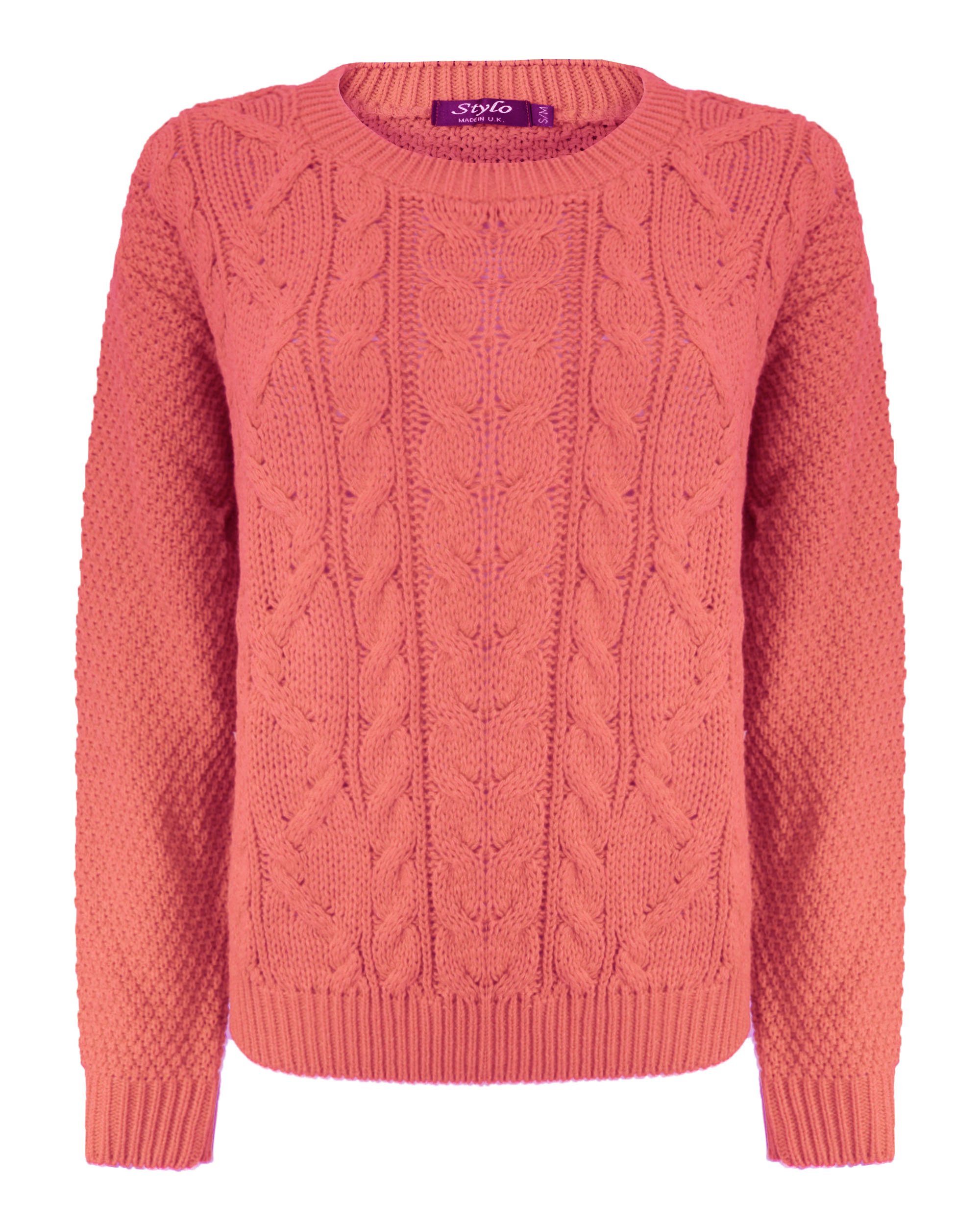 Generation Fashion New Ladies Women Knitted Cable Crew Neck Long Sleeve Jumper Chunky Knit Baggy Sweater Top Pullover (S/M 8-10), Coral