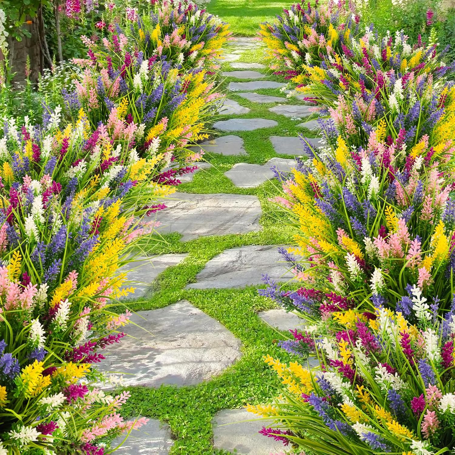 N&T NIETING 20 Bundles Artificial Plants Outdoor Fake Monkey Grass with Flowers for Pot Garden Verandah Decor for Window Garden Office Patio Hanging Planter Pathway Front Porch (Mix Color)