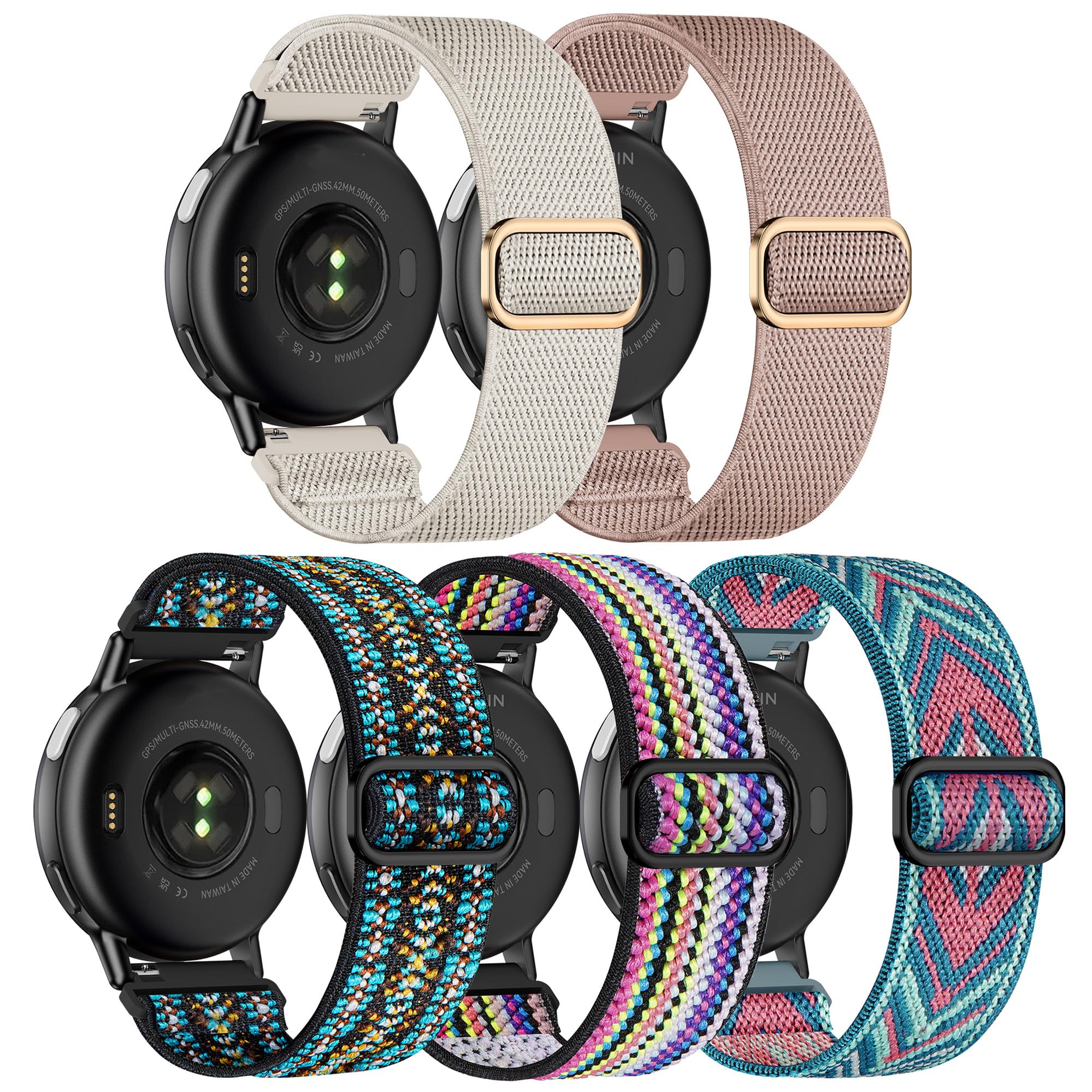 Laband 20mm Nylon Watch Straps for Garmin Vivoactive 6/5/3/3 Music/Forerunner165/55/645/245/570 42mm band, 5 Pack Soft Stretchy Fabric Adjustable Replacement Sport Straps for Venu/Venu Sq 2 Women Men — view 8