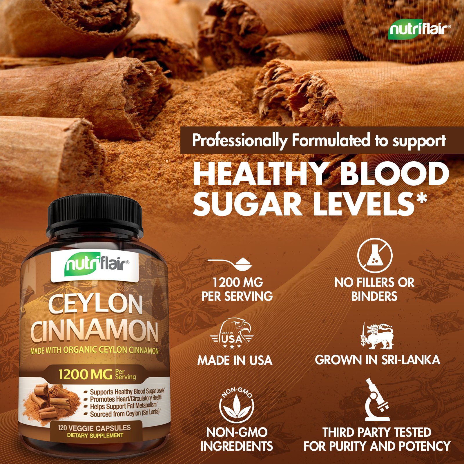 NutriFlair Ceylon Cinnamon (Made with Organic Ceylon Cinnamon) 1200mg
