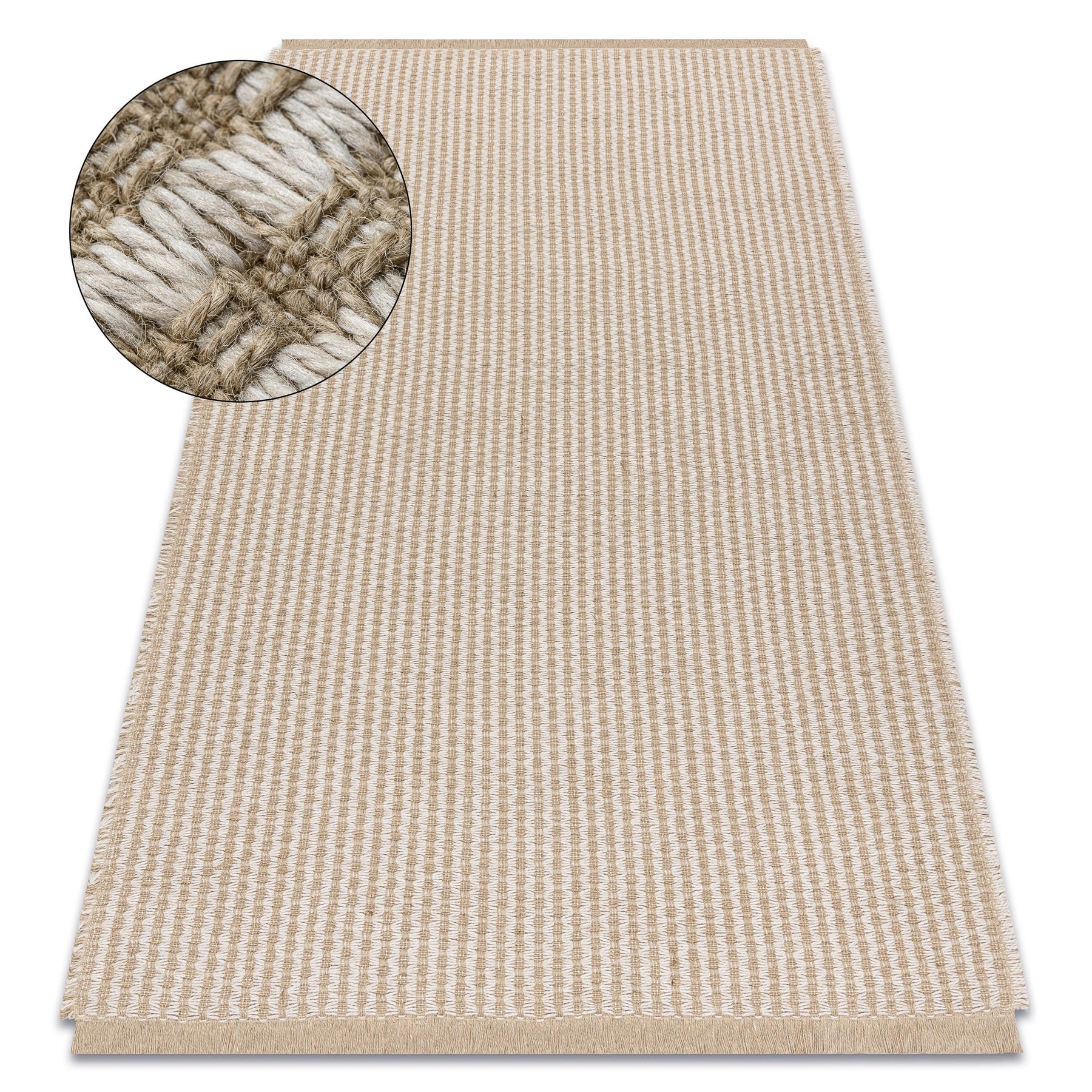 Dywan jutowy 3650 kremowy/beżowy linie - juta, tkany na płasko, frędzle kremowy 60 x 100 cm