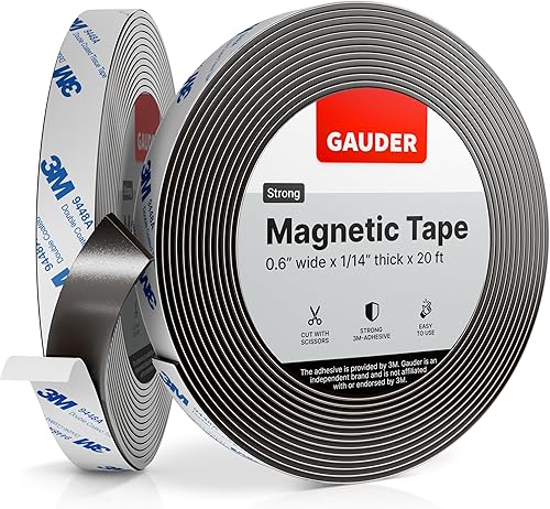 GAUDER Cinta magnética fuerte autoadhesiva (20 pies de largo x 0.6 pulgadas de ancho)  Tiras magnéticas con respaldo adhesivo  Rollo magnético