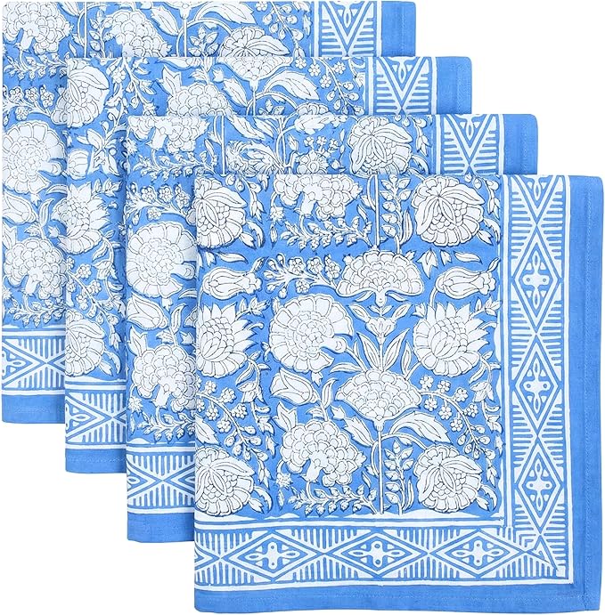 Azora Blue 100% Cotton Fall Cloth Designer Dinner Napkins, Handblock Print, Washable Durable Linen for Everyday Use Wedding Parties Outdoors Christmas Thanksgiving I 20 X 20 Inches I Set of 4