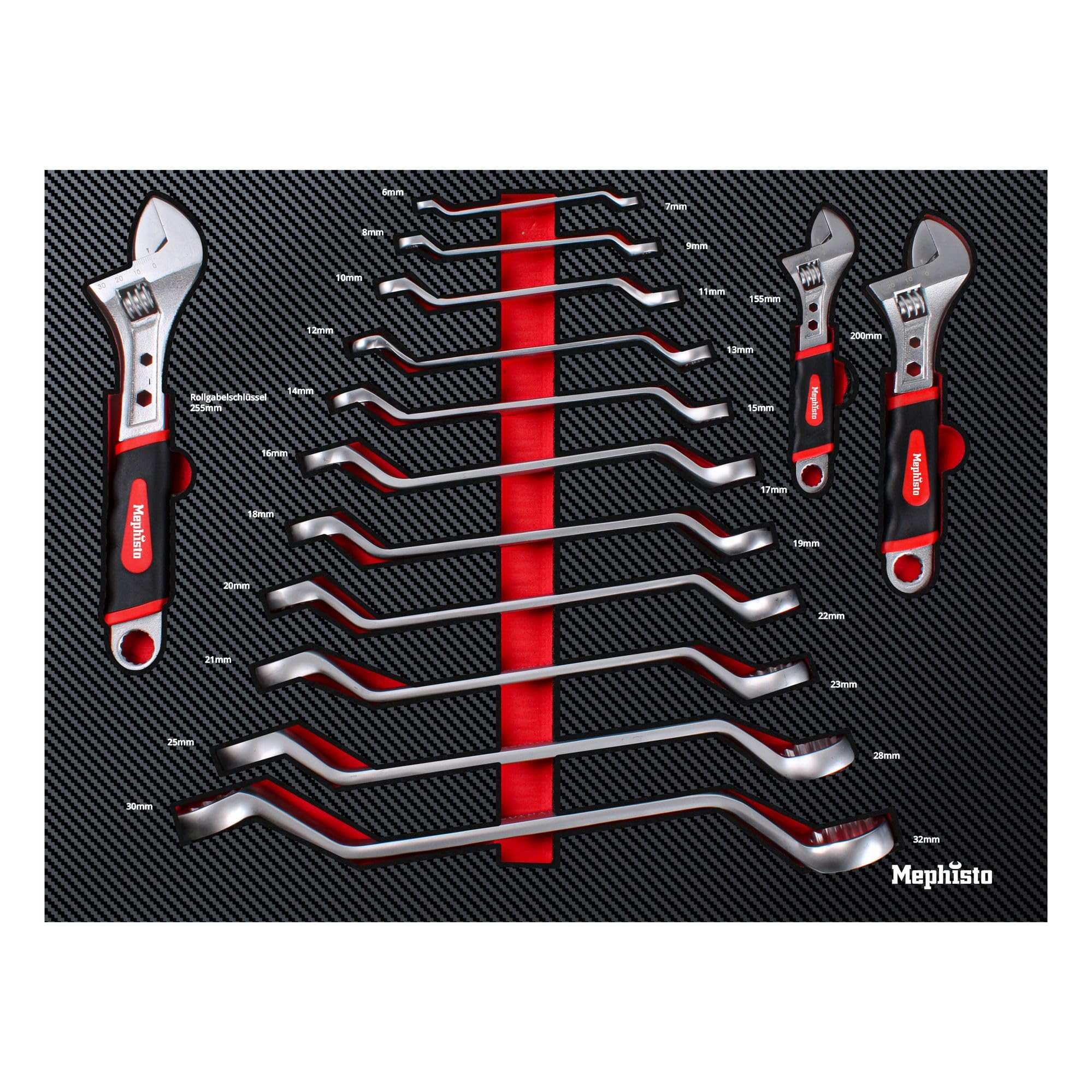 Mephisto Llave Ajustable, Acodado Llave Anular Doble, Regulable Llave (Inglesa), Ringschlüssel-set Manivela, Sw 6x7-30x32, 14 Piezas Métrico, Incl. Suave Inlay En Parecido a Carbono