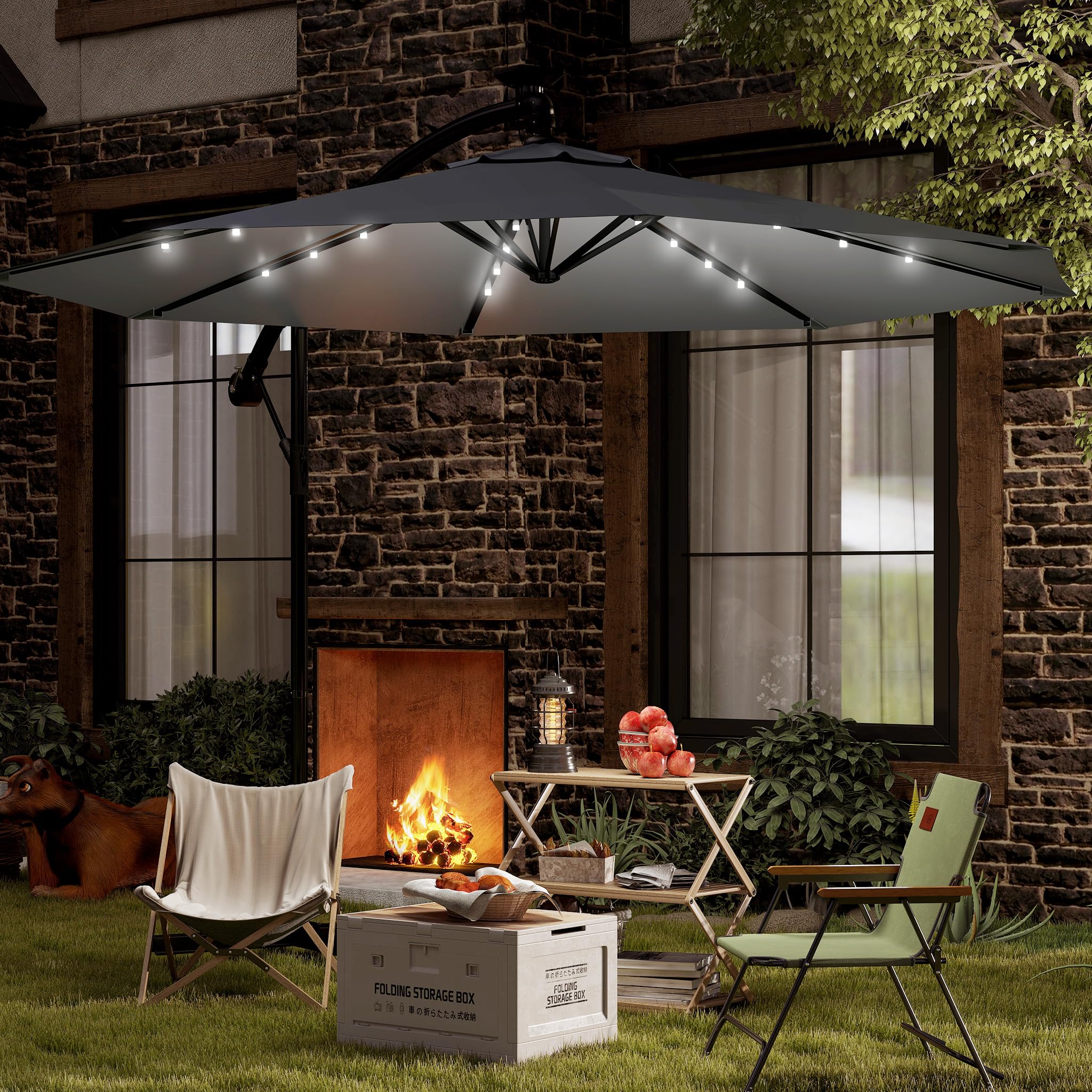 AufuN Aluminiowy parasol przeciwsłoneczny Ø 300 cm/Ø 350 cm z solarnym oświetleniem LED, parasol przeciwsłoneczny z korbą, regulacja wysokości, ochrona przed promieniowaniem UV 40+, wodoodporne obicie