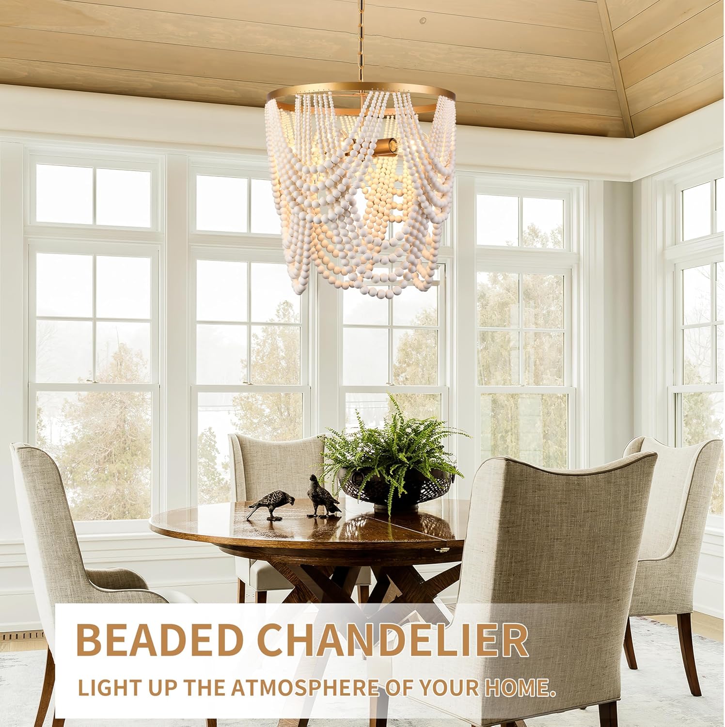 Bohemia Wood Beaded Chandelier - Boho 5-Light Gold and Oak Finish Beaded Light Fixture for Dining, Living, Bedroom, Nursery, Girl Room, Hallway, Entryway
