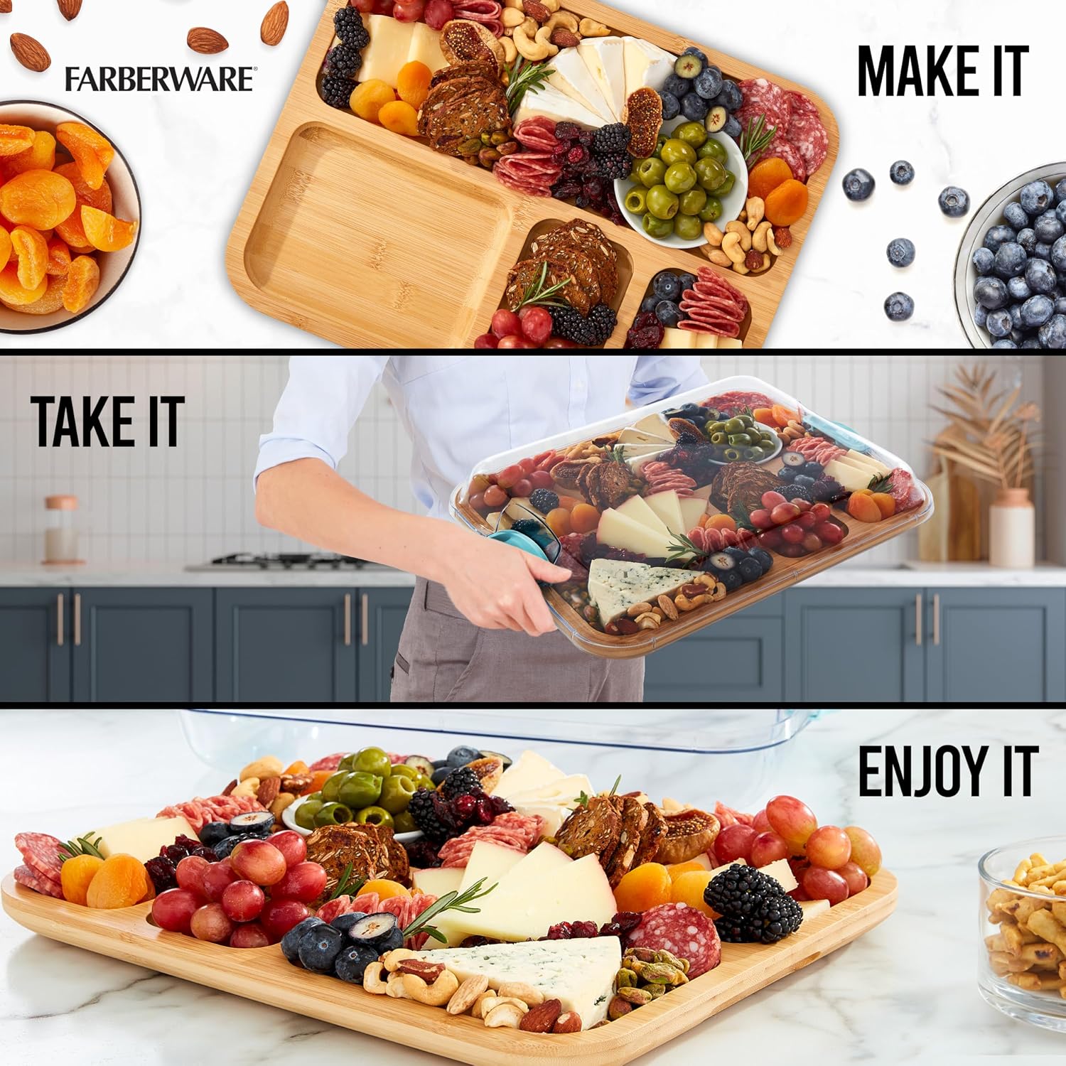 Farberware Build-A-Board Bamboo Cutting Board with Built-in Compartments and Clear Locking Lid with Blue Handles, Perfect for Charcuterie, Snacks, and More image 2
