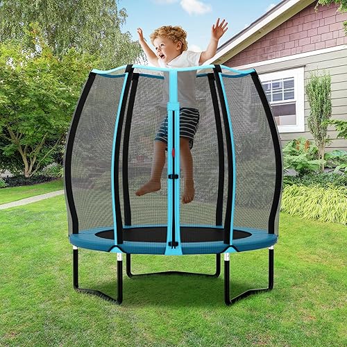 Miniatura 8 de Giantex Trampolín para niños pequeños, diseño de conexión sin costuras, cama elástica para niños pequeños de 46.5 pulgadas con red de cierre,