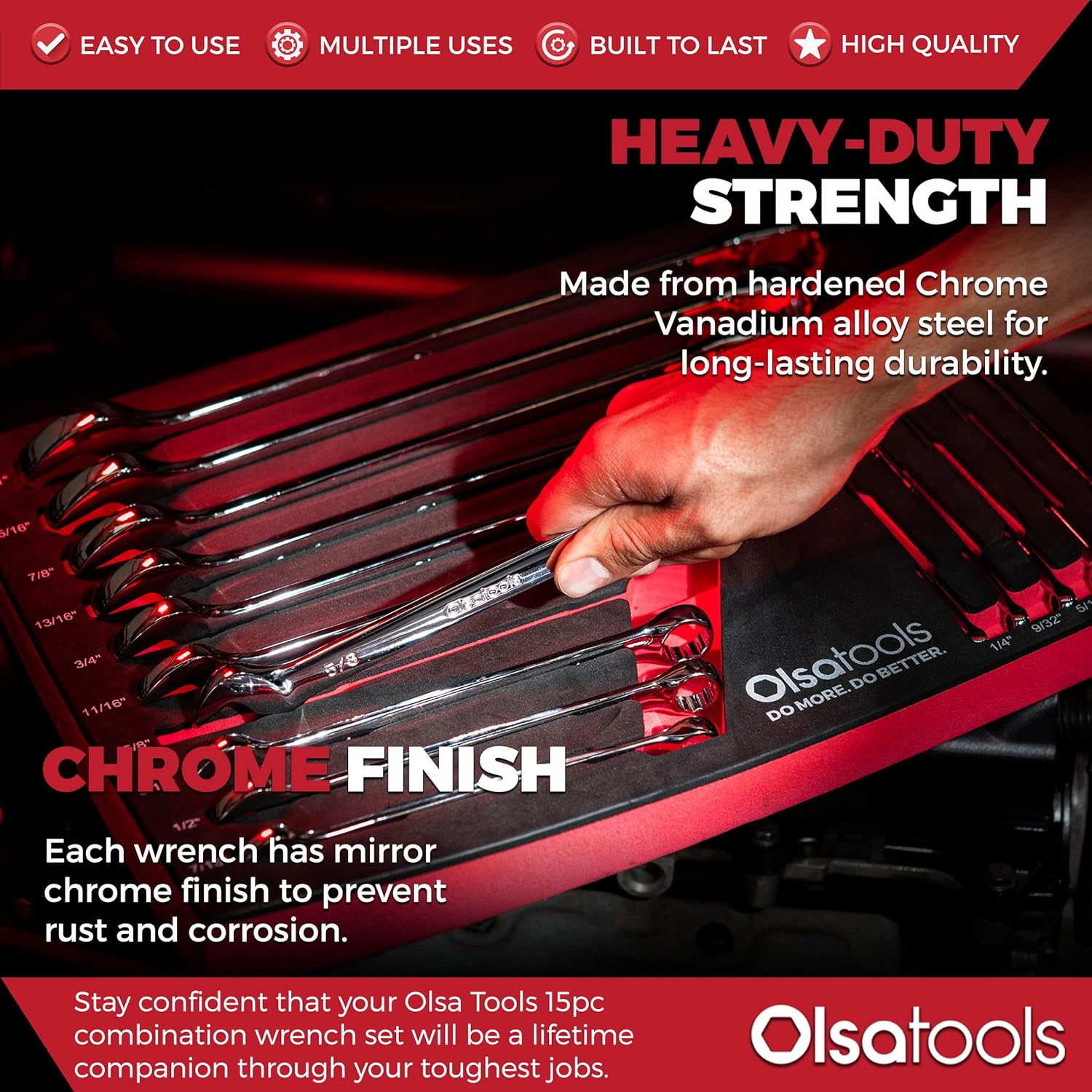 Olsa Tools 15-Piece SAE Combination Wrench Set, Chrome Vanadium Steel, Precision 12-Point Box End, Unbreakable