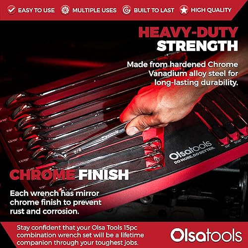 Miniatura 4 de Olsa Tools Juego de llaves combinadas SAE de 15 piezas, acero al cromo vanadio, extremo de caja de precisión de 12 puntos, irrompible