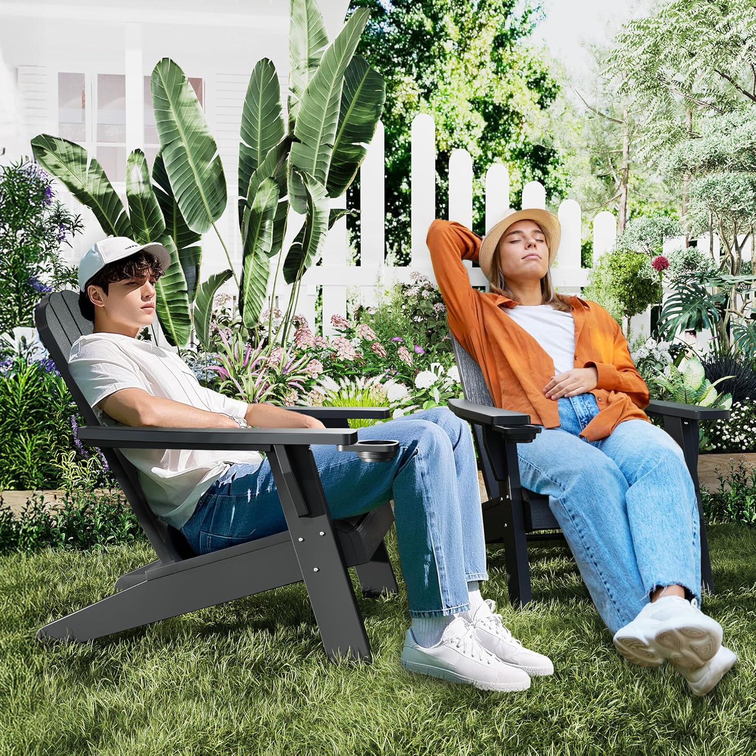 NUNU LAB Adirondack Chairs Set of 4,Plastic Adirondack Chair with Cup Holder,Weather Resistant Patio Chairs, HDPE Outdoor Adirondack Lawn Chairs for Poolside Backyard Lawn Patio Fire Pit