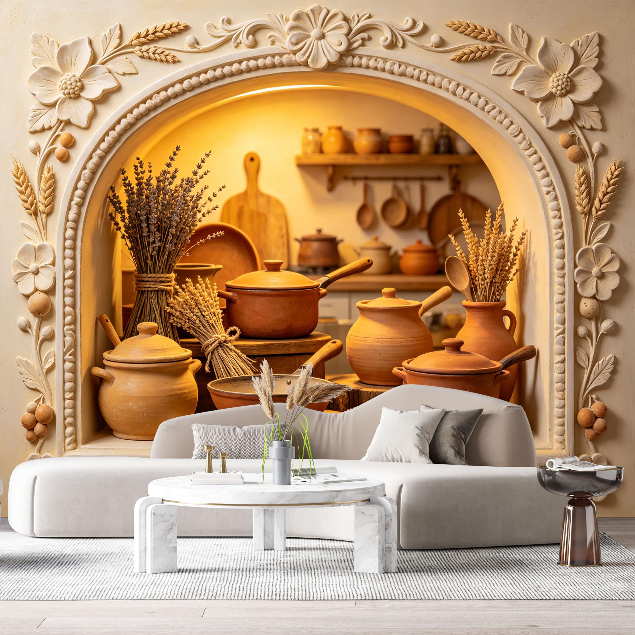 Custom Size Wall Murals Rustic Kitchen Farmhouse Terracotta Pottery Wheat 3D Trompe L'Oeil SelfAdhesiveWall Fabric Removable Wallpaper Wall Decor for Living Room Bedroom Bathroom