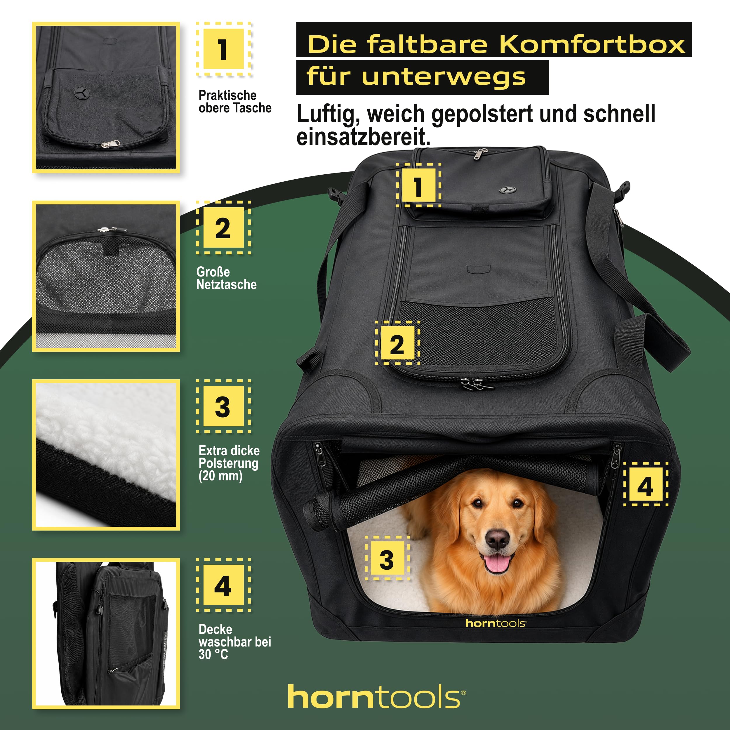 HORNTOOLS Faltbare Hundebox - Hundetransportbox mit Netzfenstern, Abnehmbarer Matte - Atmungsaktive Reisetasche für Hunde und Katzen - Transporttasche für Camping, Reisen & Zuhause - 74x53x52 cm