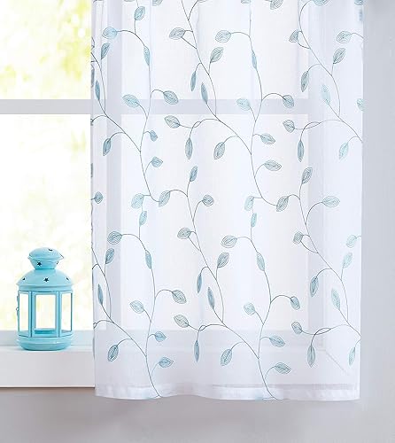 Miniatura 10 de Fragrantex Cortinas bordadas blancas de 63 pulgadas de largo con estampado de hojas doradas y amarillas, cortinas botánicas para ventana para