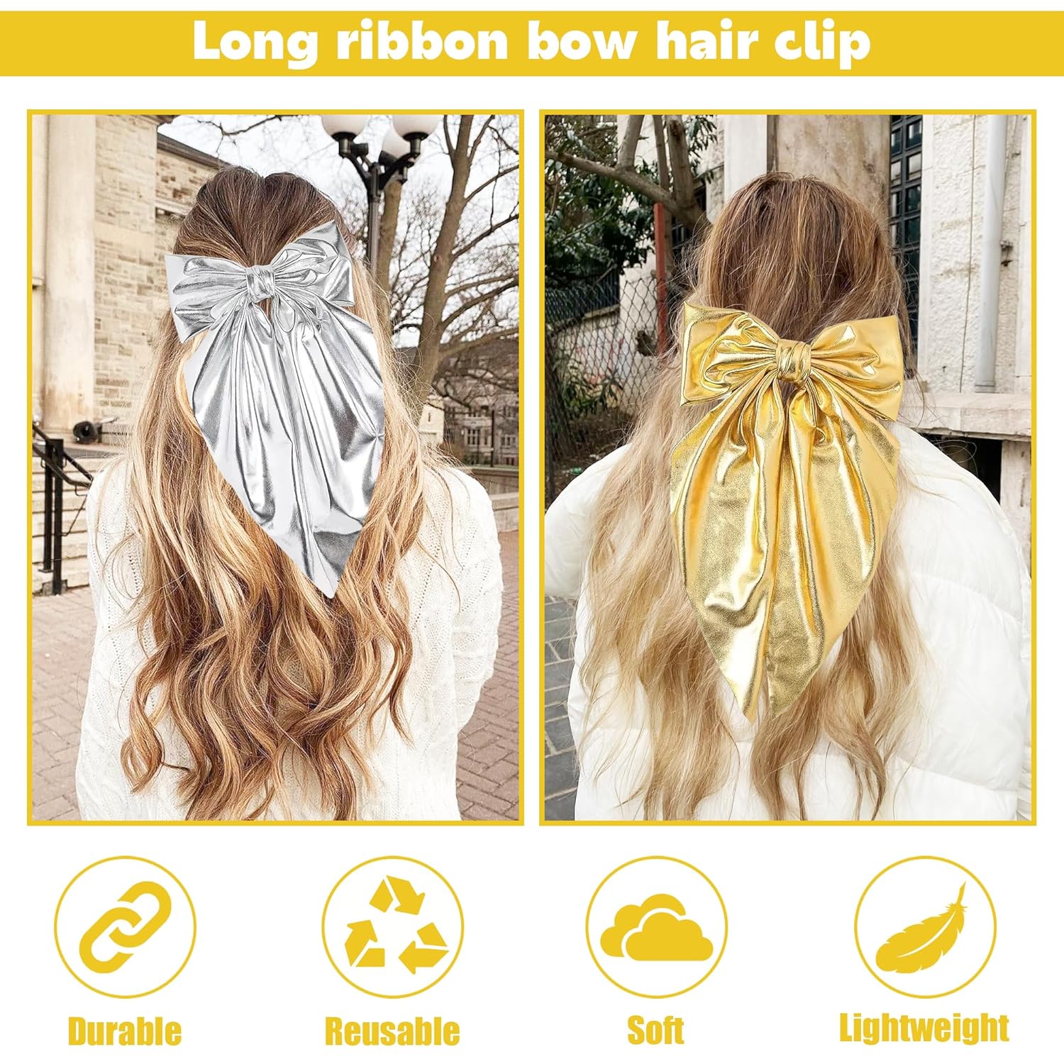 Hair Bows for Women, 2 Pcs Silver Gold Bow for Hair for Girls, Gold Silver Bow Hair Clip - Image 7