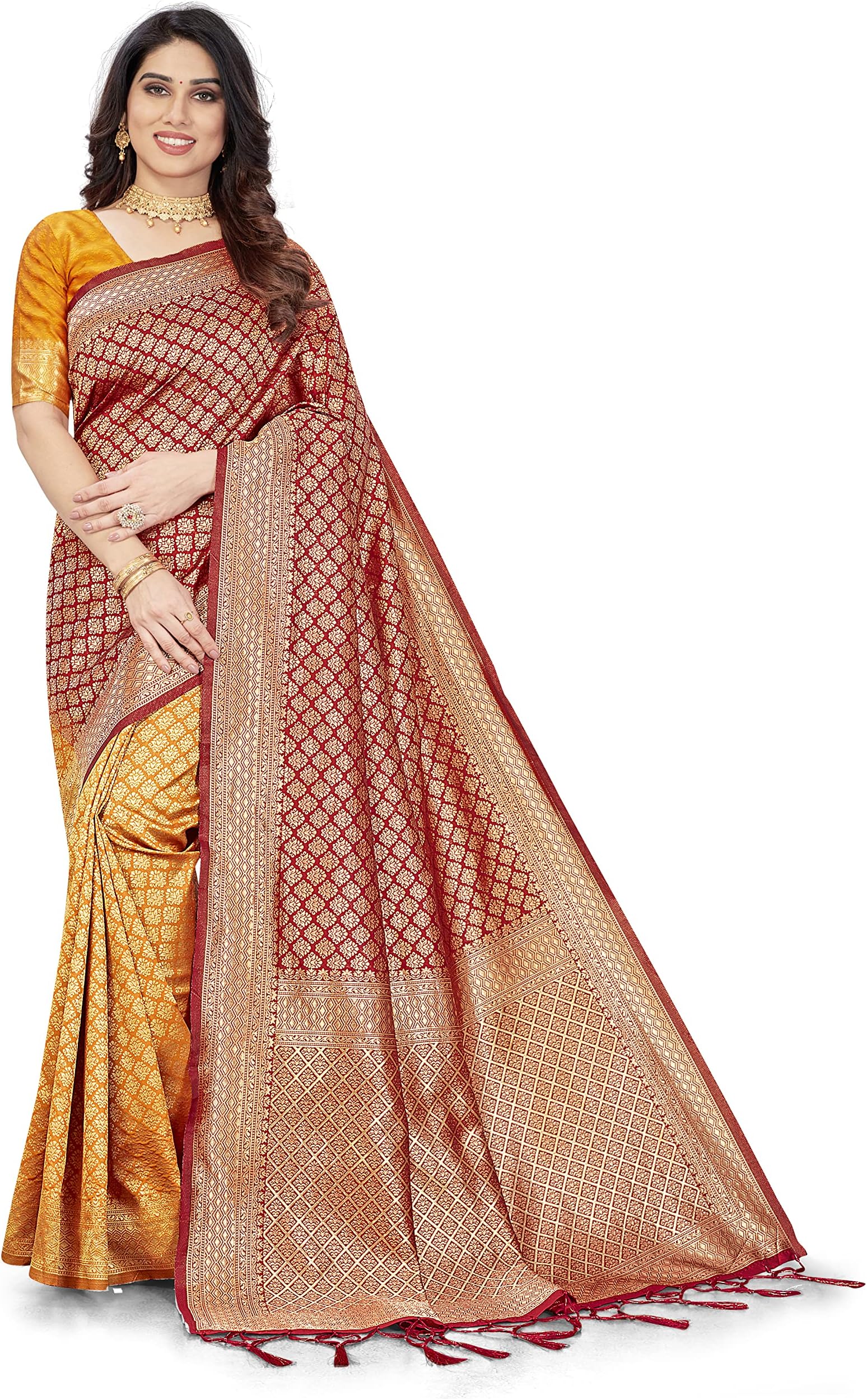 Nivah FashionWomen's Jacquard Kanjivaram Silk Half Half Saree with Blouse Piece (UK.S45-Red)
