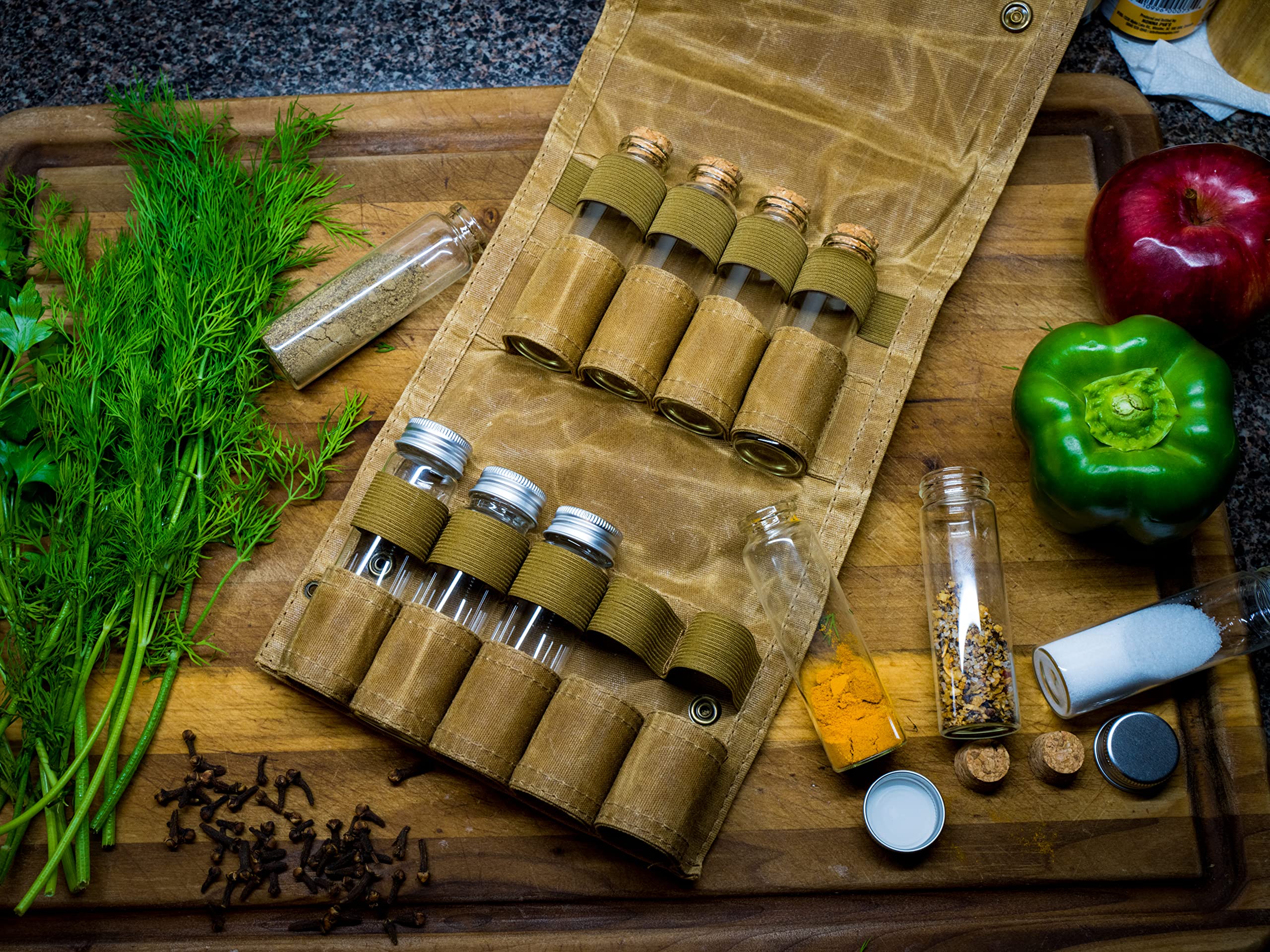 Camel Canvas Spice Bag, Camping Spice Case, 9 Jars Included, Seasoning Holder, Spice Kit, Travel BBQ Spice Set, Kitchen Storage