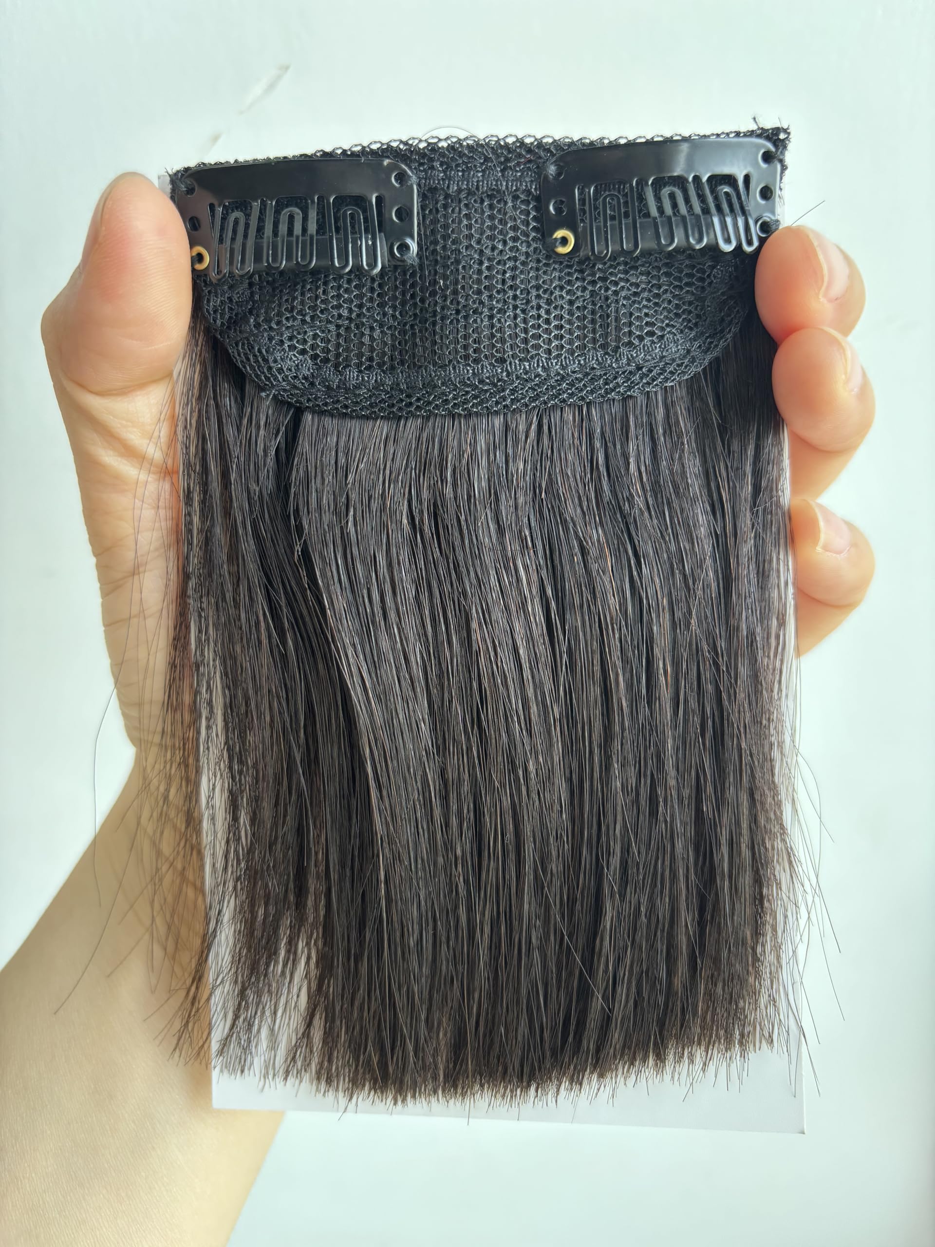 FEIPRO Real Human Hair Silky Straight Short Hair Extensions Hair Volume Insert Clip Natural Invisible Lady Parts Frontal Bangs Toppers for Women Men Thinning Hair Short Hair 4"#1B Natural Black - Image 4