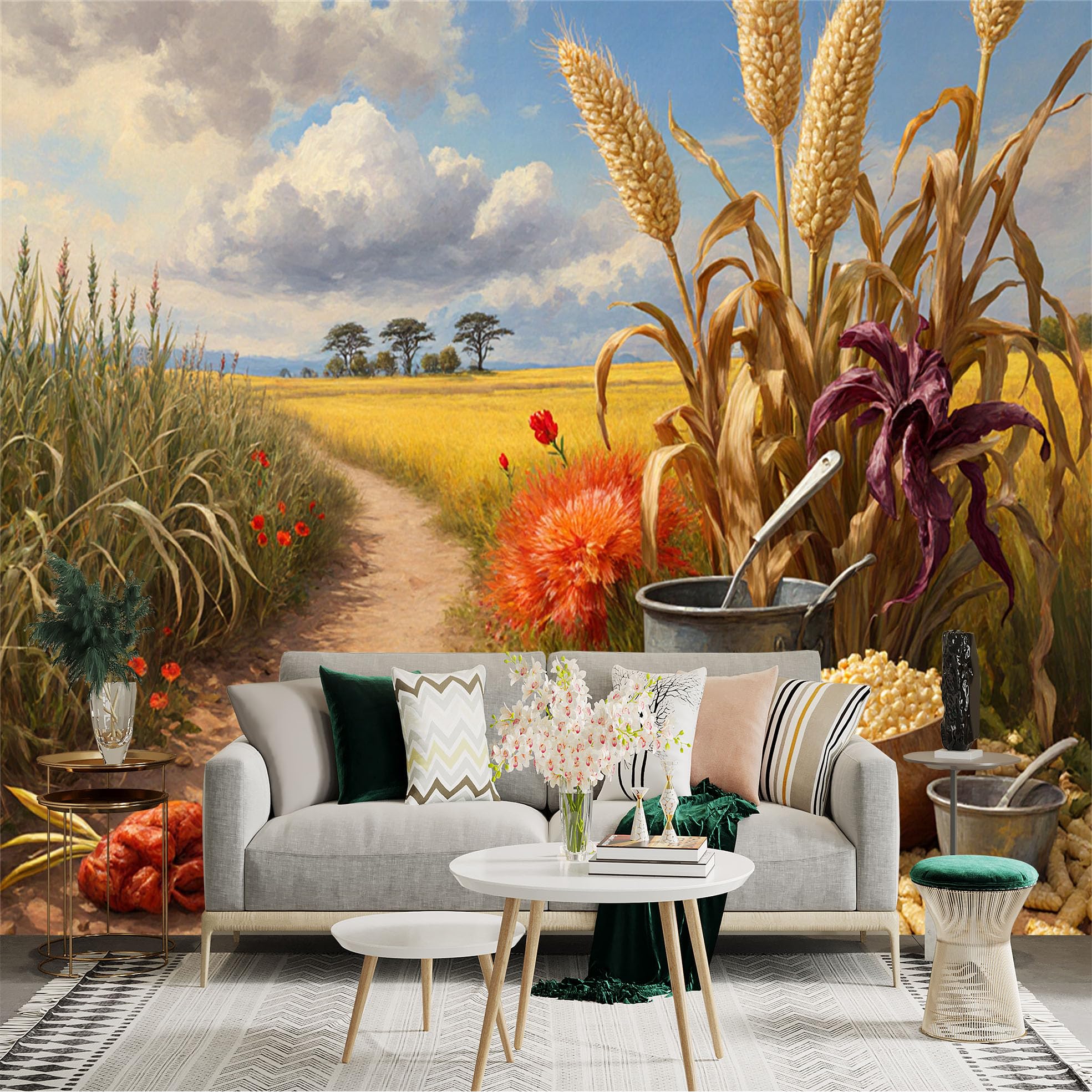 Lnzczhyre Xc260505653 Custom Size Wall Sticker Mural， Harvest Fields With Ripe Corn And Fresh Produce， Rustic Farmstead Scene， Countryside Landscape， For Wall Decoration， Peelandstick Wall Decals.